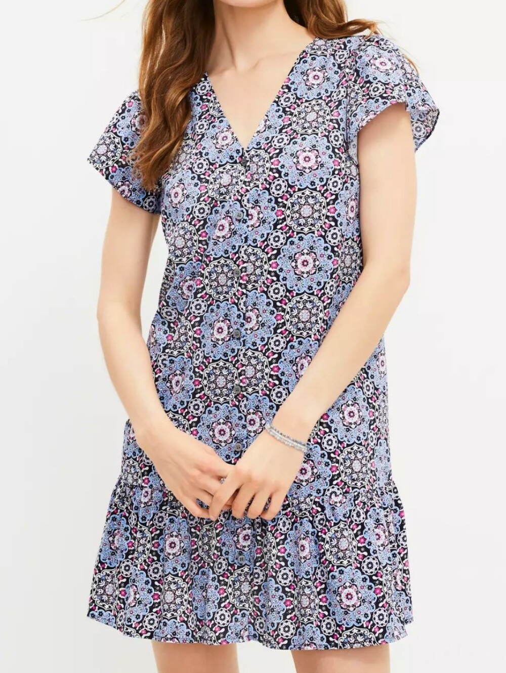 LOFT Blue Floral V-Neck Ruffle-Hem Mini Dress, Size Medium